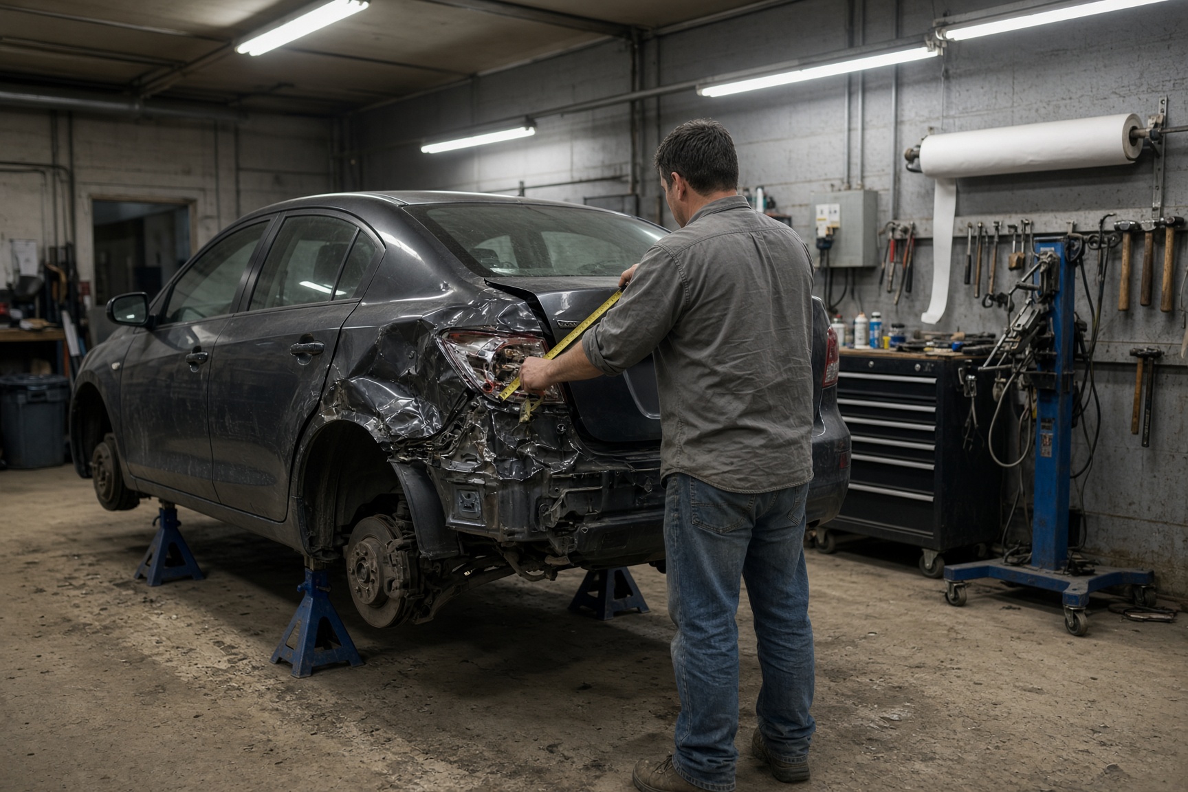 Collision repair underway on a damaged sedan in the shop bay