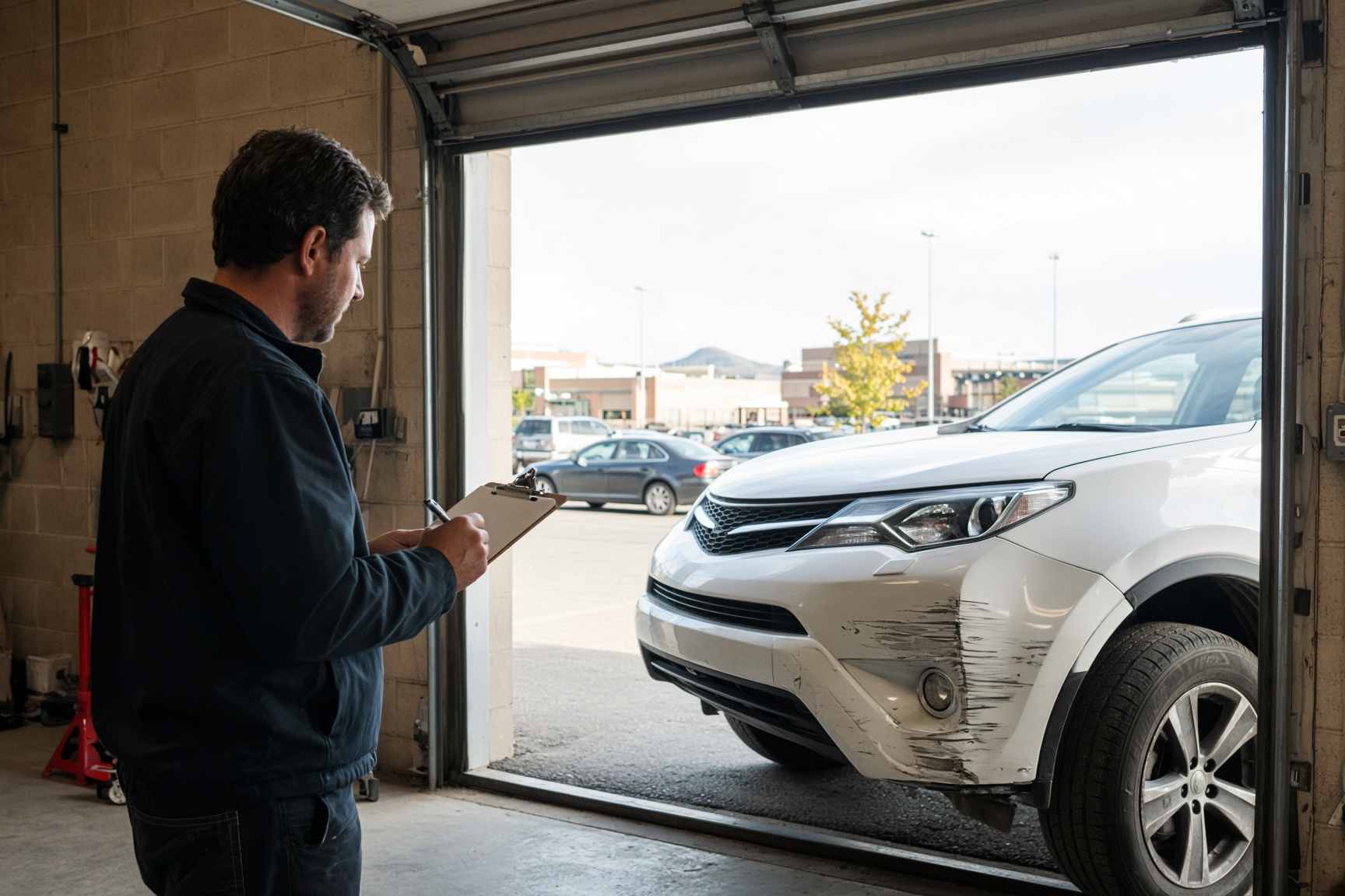 Estimator checking bumper damage at the open bay door