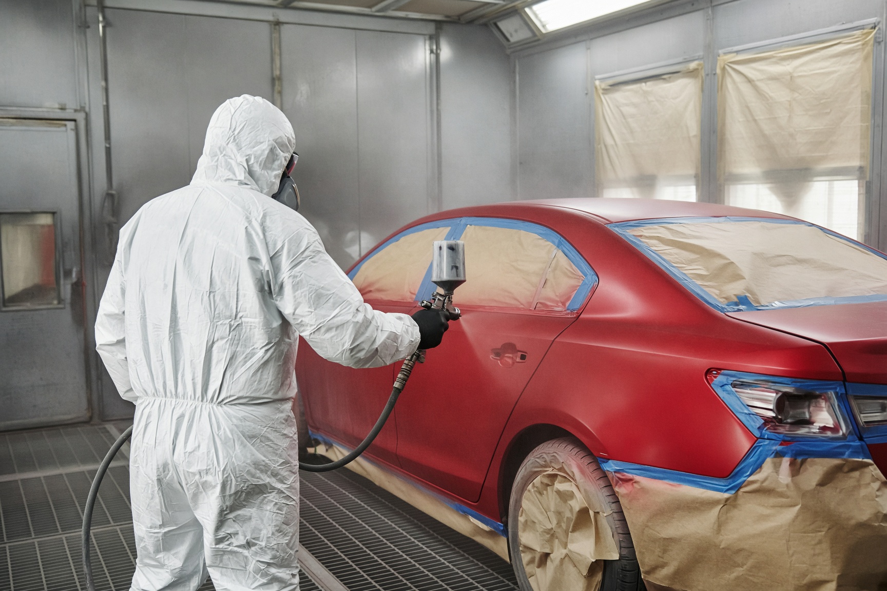 Vehicle being sprayed in the paint booth