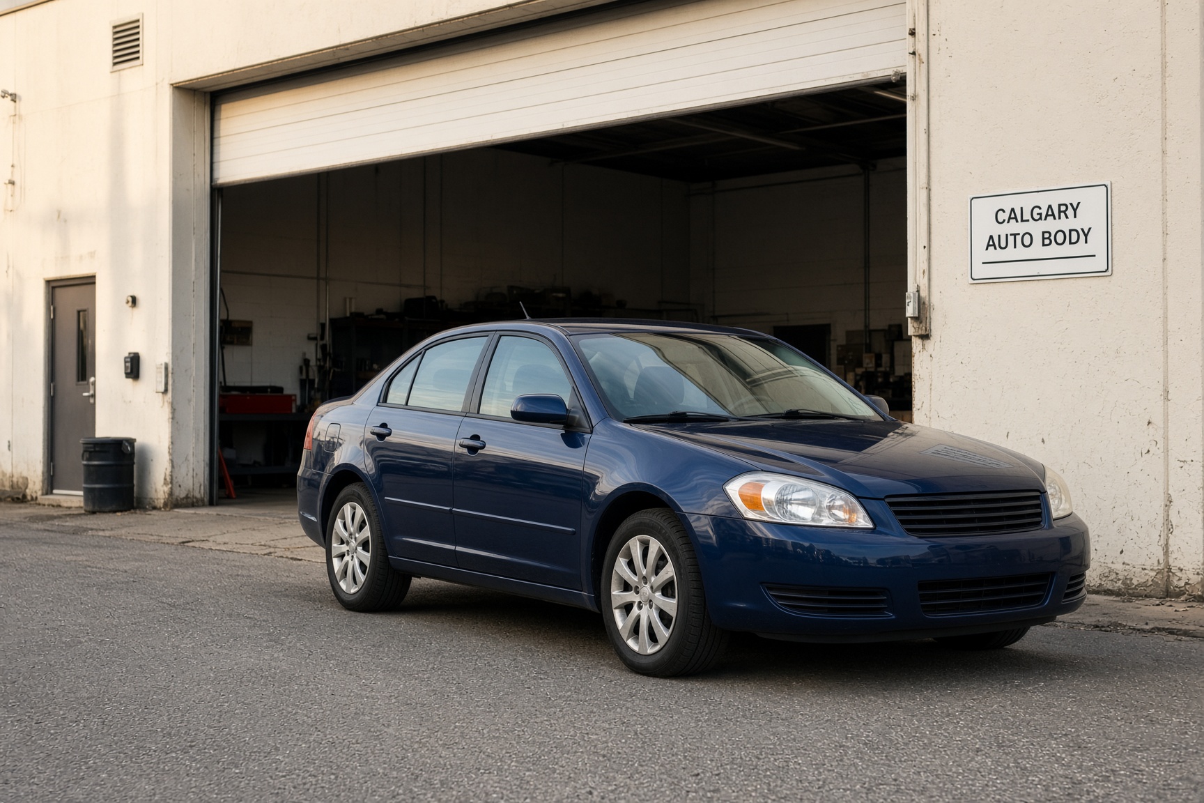 Freshly refinished sedan outside the bay